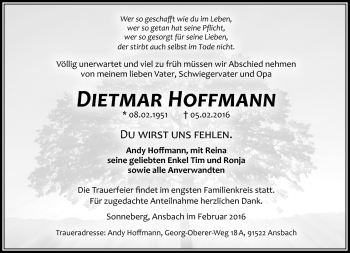 Traueranzeige von Dietmar Hoffmann von Südthüringer Presse