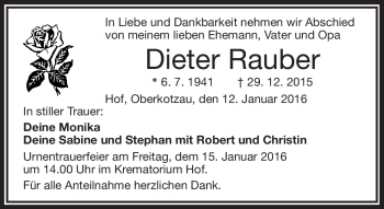 Traueranzeige von Dieter Rauber von Frankenpost