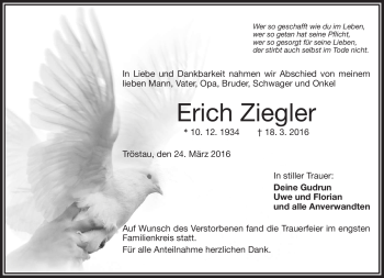 Traueranzeige von Erich Ziegler von Frankenpost