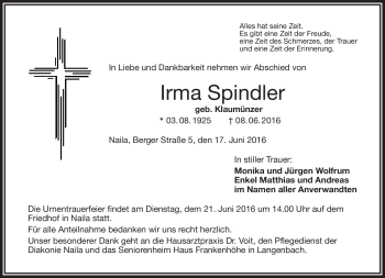 Traueranzeige von Irma Spindler von Frankenpost