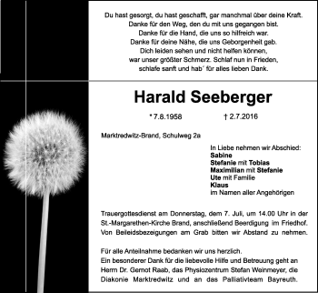 Traueranzeige von Harald Seeberger von Frankenpost