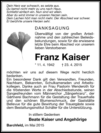 Traueranzeige von Franz Kaiser von Südthüringer Presse
