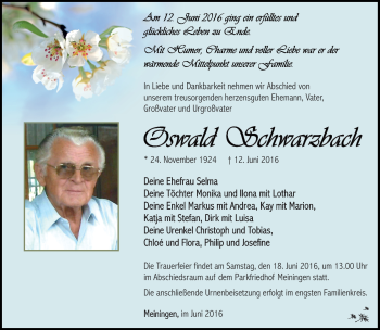 Traueranzeige von Oswald Schwarzbach von Südthüringer Presse