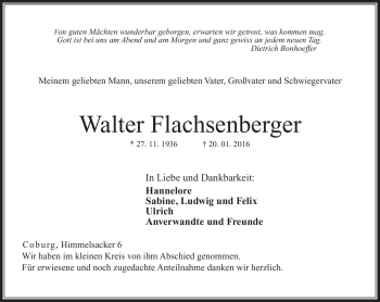 Traueranzeige von Walter Flachsenberger von Neue Presse Coburg