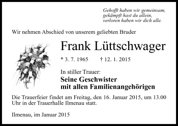 Traueranzeige von Frank Lüttschwager von Südthüringer Presse
