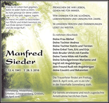 Traueranzeige von Manfred Sieder von Südthüringer Presse