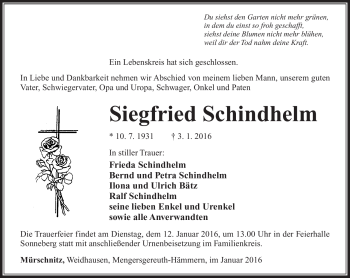 Traueranzeige von Siegfried Schindhelm von Südthüringer Presse