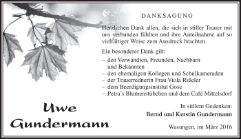 Traueranzeige von Uwe Gundermann von Südthüringer Presse