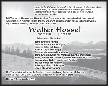 Traueranzeige von Walter Hössel von Südthüringer Presse