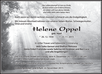 Traueranzeige von Helene Oppel von Südthüringer Presse