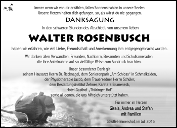 Traueranzeige von Walter Rosenbusch von Südthüringer Presse