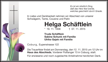 Traueranzeige von Helga Schäftlein von Neue Presse Coburg
