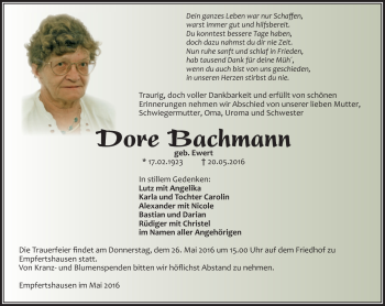 Traueranzeige von Dore Bachmann von Südthüringer Presse