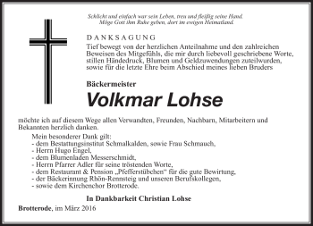 Traueranzeige von Volkmar Lohse von Südthüringer Presse