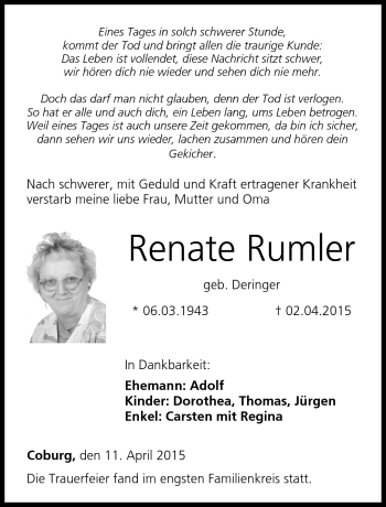 Traueranzeige von Renate Rumler von Neue Presse Coburg