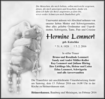 Traueranzeige von Hermine Lemmert von Südthüringer Presse