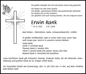 Traueranzeige von Erwin Rank von Frankenpost