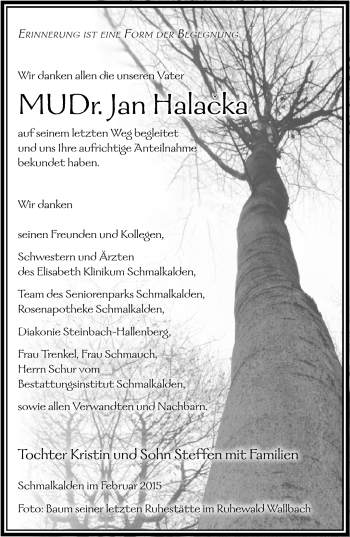 Traueranzeige von Jan halacka von Südthüringer Presse