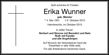 Traueranzeige von Erika Wunner von Frankenpost