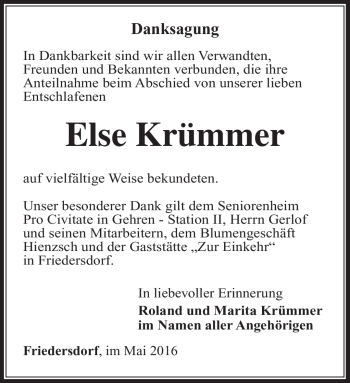 Traueranzeige von Else Krümmer von Südthüringer Presse