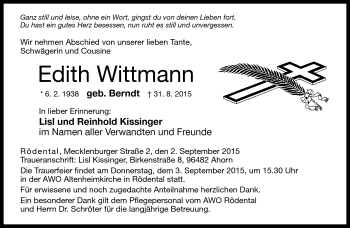 Traueranzeige von Edith Wittmann von Neue Presse Coburg
