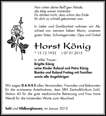 Traueranzeige von Horst König von Südthüringer Presse