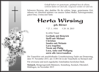Traueranzeige von Herta Wirsing von Südthüringer Presse