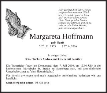 Traueranzeige von Margareta Hoffmann von Südthüringer Presse