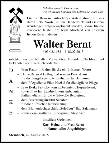 Traueranzeige von Walter Bernd von Südthüringer Presse