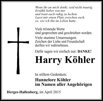 Traueranzeige von Harry Köhler von Südthüringer Presse