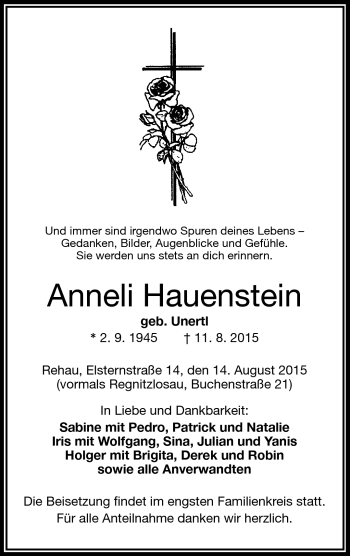 Traueranzeige von Anneli Hauenstein von Frankenpost