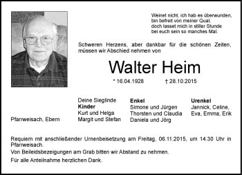 Traueranzeige von Walter Heim von Neue Presse Coburg
