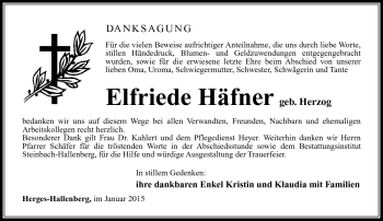 Traueranzeige von Elfriede Häfner von Südthüringer Presse