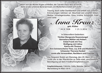 Traueranzeige von Anna Kranz von Südthüringer Presse