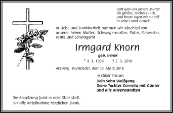 Traueranzeige von Irmgard Knorn von Frankenpost