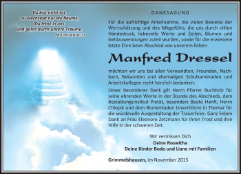 Traueranzeige von manfred Dressel von Südthüringer Presse