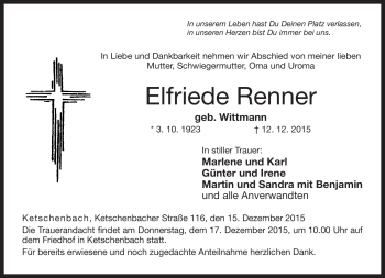Traueranzeige von Elfriede Renner von Neue Presse Coburg