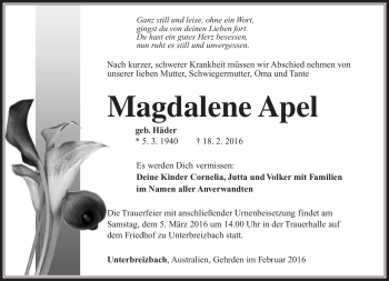 Traueranzeige von Magdalene Apel von Südthüringer Presse