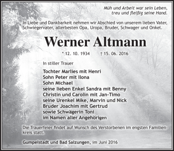 Traueranzeige von Werner Altmann von Südthüringer Presse