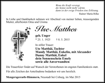 Traueranzeige von Ilse Matthes von Südthüringer Presse