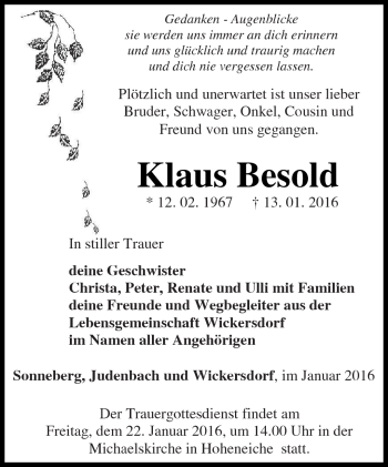 Traueranzeige von Klaus Besold von Südthüringer Presse