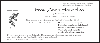 Traueranzeige von Anna Hanselka von Frankenpost