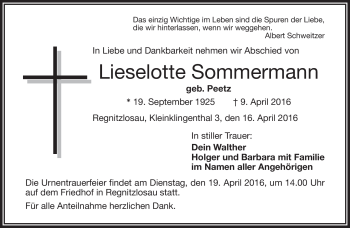 Traueranzeige von Lieselotte Sommermann von Frankenpost