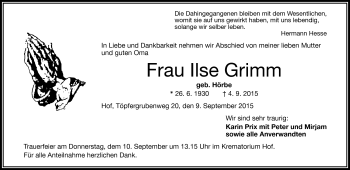 Traueranzeige von Ilse Grimm von Frankenpost