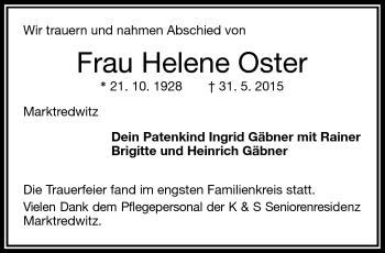 Traueranzeige von Helene Oster von Frankenpost