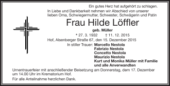Traueranzeige von Hilde Löffler von Frankenpost