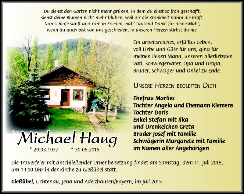  Traueranzeige für Michael Haug vom 04.07.2015 aus Südthüringer Presse