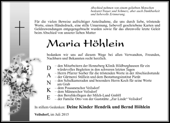 Traueranzeige von Maria Höhlein von Südthüringer Presse