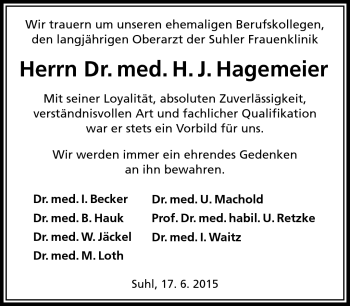 Traueranzeige von Hans- Joachim Hagemeier von Südthüringer Presse