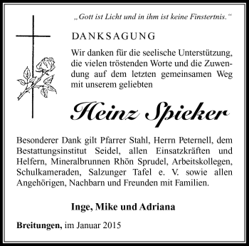 Traueranzeige von Heinz Spieker von Südthüringer Presse